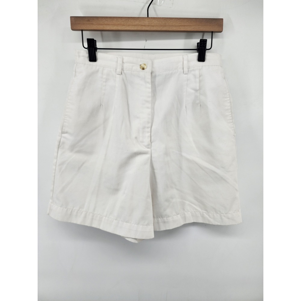 White High Waisted Pleated Cotton Blend Shorts 10  Coastal Preppy Old Money